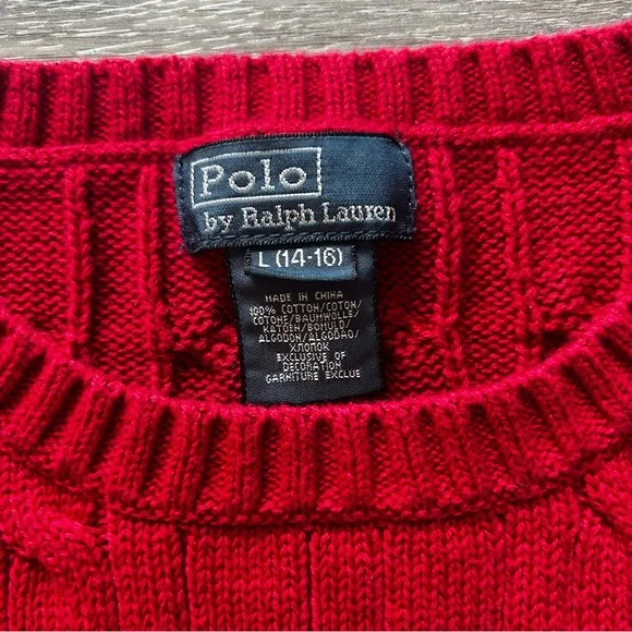 Polo by Ralph Lauren Red Cable Crew Red Sweater Boy’s Size Large  (14-16) - Picture 5 of 5